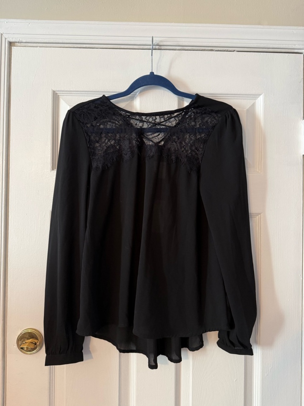 Japna Black Lace-Yoke Long Sleeve Blouse